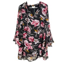 NWT Umgee Womens Mini Shift Dress Sz S Sheer Boho Floral  V Neck Ruffle Feminine