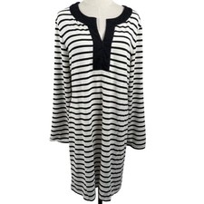 Max Studio Weekend Shift Tunic Dress XL Nautical Black White Stripe Split Neck