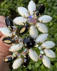 Vintage Milk glass black ab rhinestone flower brooch pin jewelry