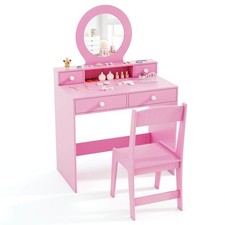 Kids Vanity Set Desk and Chair Set with Mirror Open Shelf and 4 Storage Drawers