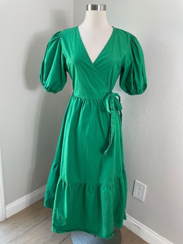 Flying Tomato Womens Medium Green Puff Sleeve Maxi Wrap Dress V Neck