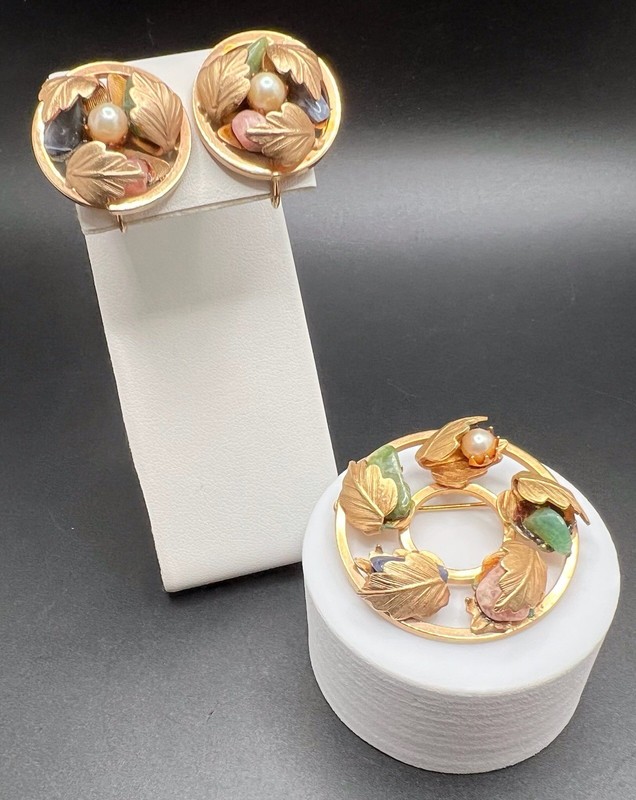 Vtg SARAH COVENTRY Pin Brooch Earrings Set Gold Tone Autumn Leaves Chunky Stones