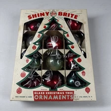 Vintage Shiny Brite Christmas Ornaments Box of 12 - Noel, Silent Night, etc...