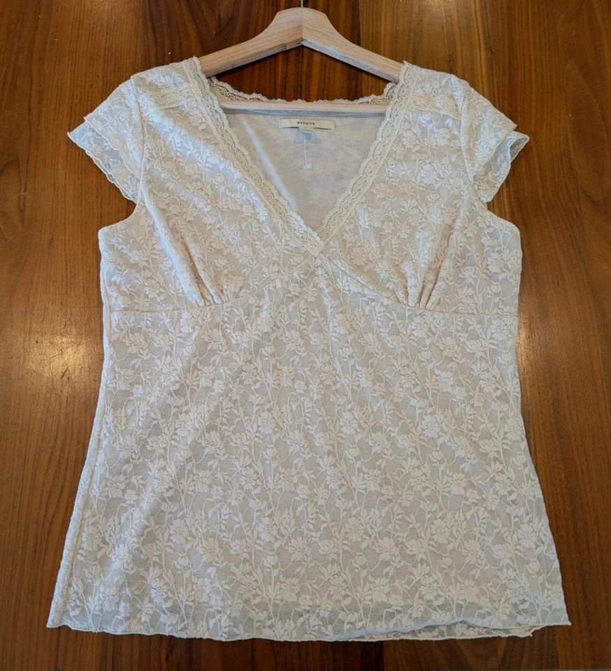 Y2K 象牙色 蕾丝 婴儿娃娃上衣 女式 Jr 大号 帽袖 透亮内衬 节日 波西米亚 — 第 2/4 张图片