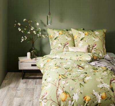 Fleuresse Mako-Satin Bettwäsche 155x220 Zitronen Blüten Äste grün 114403-05