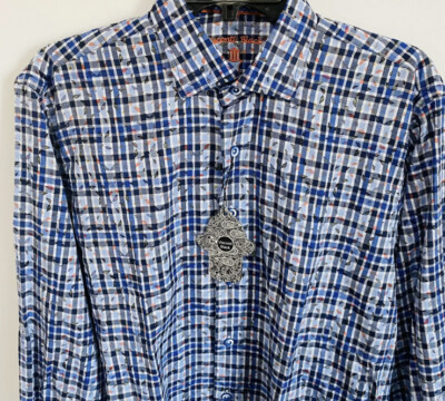 VISCONTI MENS Shirt Sz XL BLACK LABEL Blue PLAID CHECK Leaf BUTTON UP NWT $125