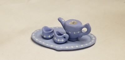 Vintage NKM artisan blue jasperware pottery Dollhouse Miniature tea set
