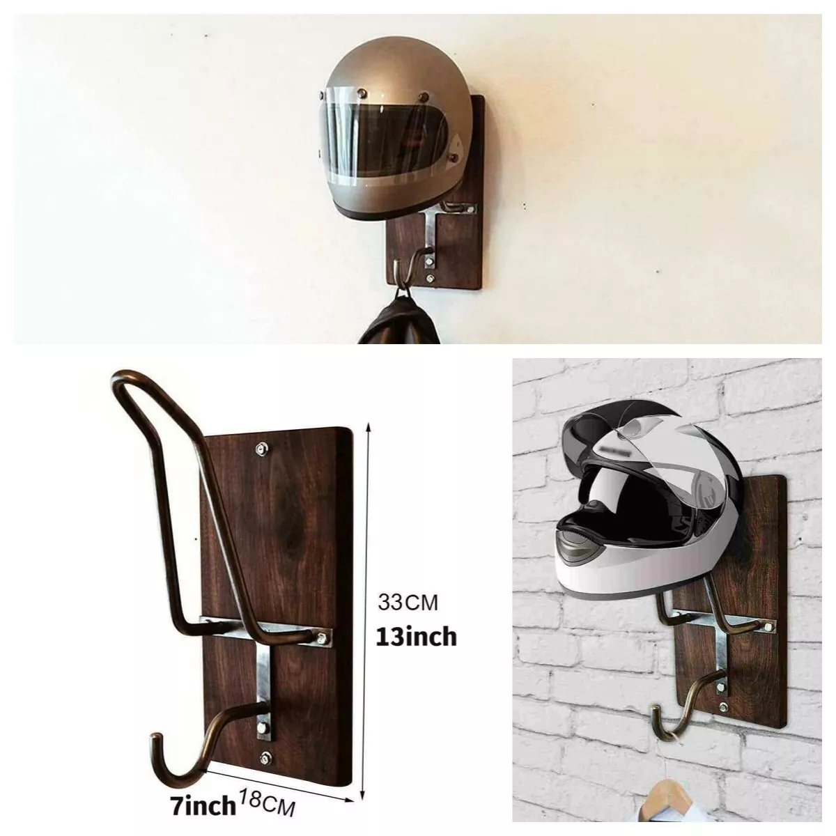 Motorcycle WOOD Helmet Holder Jacket Hanger Hook Motorbike Wall