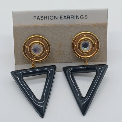 Goldtone & Black Faceted Clear Stone w/Black Triangle Pierced Dangle Earrings