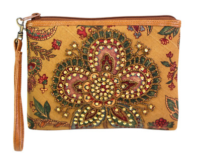 Isabella Fiore BEADED MULTICOLOR CANVAS FLORAL ZIP CLUTCH HANDBAG WRISTLET PURSE
