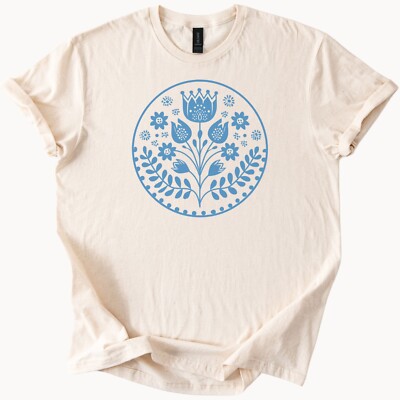 Blue Floral Folk Tee Scandinavian Shirt Graphic Top