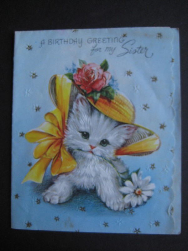 1951 vintage greeting card Forget Me Not BIRTHDAY To Sister Cat w/ Bonnet &Daisy