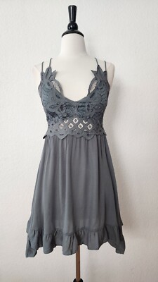 New Adella Slip Dress Size Small Grey Strap Ruffles Boho Crochet