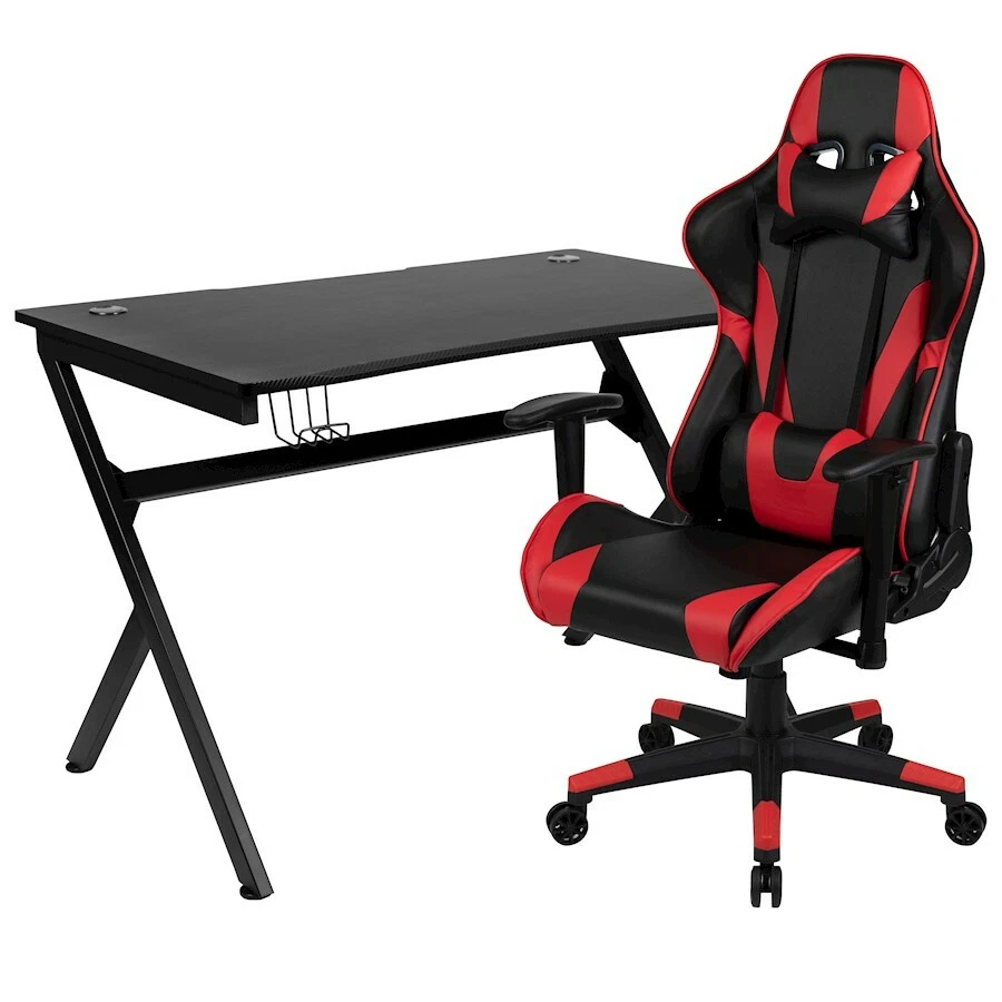 Flash Black Gaming Desk and Red Black Reclining Gaming Chair Set