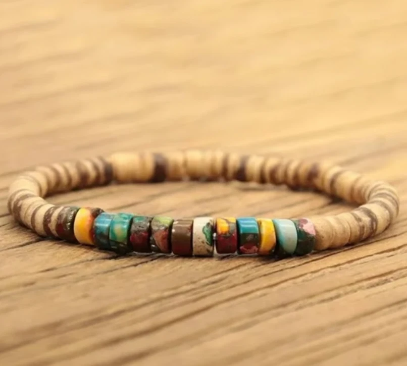 Pulsera vintage hecha a mano de 6 mm con cuentas de madera de jaspe sedimento marino regalo de curación para mujeres Foto 3 de 4