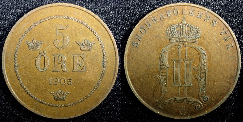 SWEDEN Oscar II Bronze 1903 5 Öre 27mm Mintage-243,000 UNC KM# 757 (23 168)