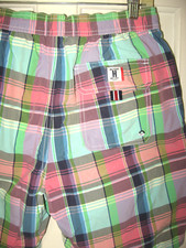 TOMMY HILFIGER SWIM TRUNKS SZ M BLUE PLAID ELASTIC WAIST DRAWSTRING LINED EUC
