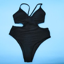 Victorias Secret Medium Black Ribbed Cutout Padded One Piece Swimsuit Beach New