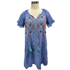 LulaLife Embroidered Dress Womens Small Blue Bohemian Mumu Vacation House Dress