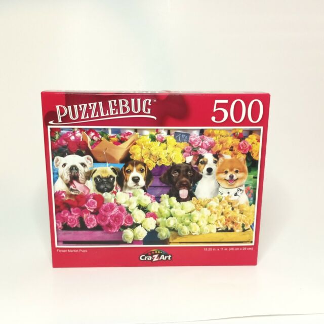 Puzzlebug 500 Pc Jigsaw Puzzle FLOWER MARKET PUPS 18.25x11 BNIB 