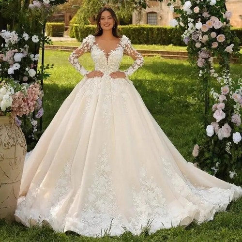 Gorgeous Lace Long Sleeves Bridal Dress Flowers Appliques Beaded Button Custom