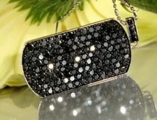 Black Simulated Diamond Dog Tag 2.5 Inches Pendant 14K White Plated Free Chain