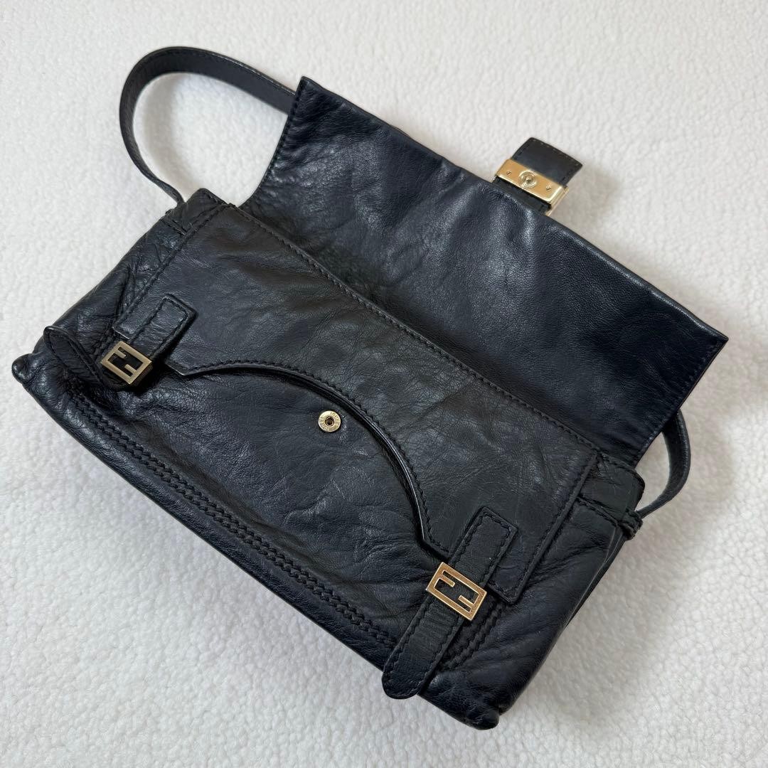 FENDI Vintage Mamma Bucket Handbag Leather Black Gold Hardware From Japan Women