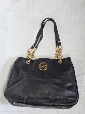 Michael Kors Fulton Chain Tote Black Pebbled Leather Handbag Medium Shoulder Bag - Photo 1/4