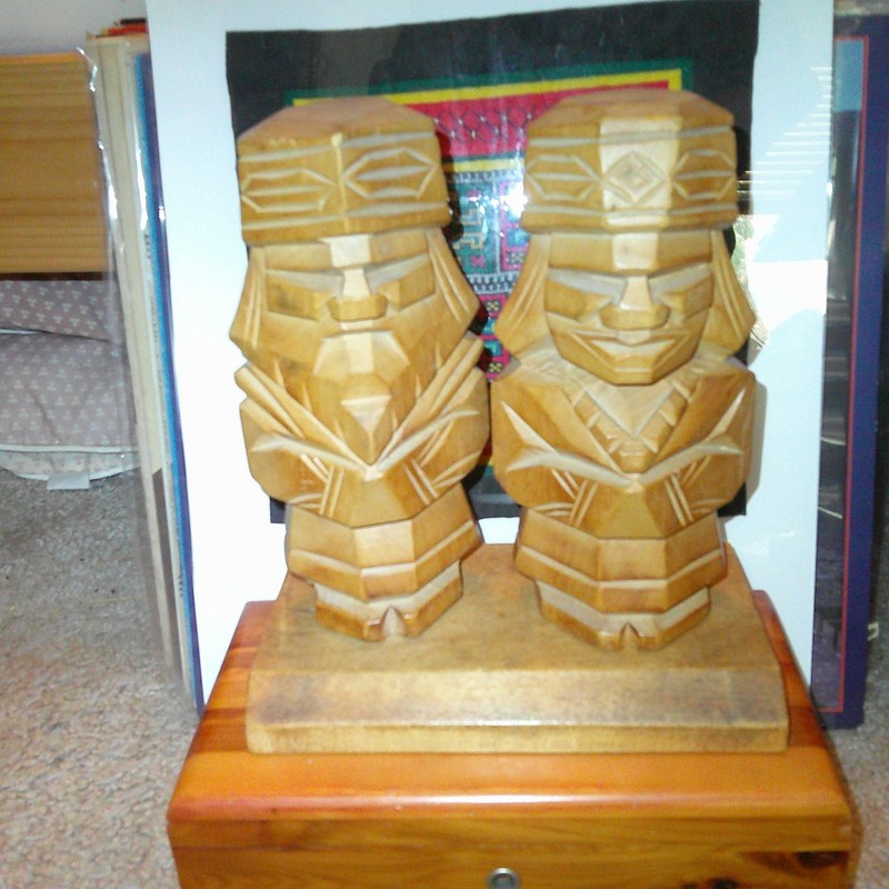 Ainu Wood Carvings of a Man and a Woman Showa Era