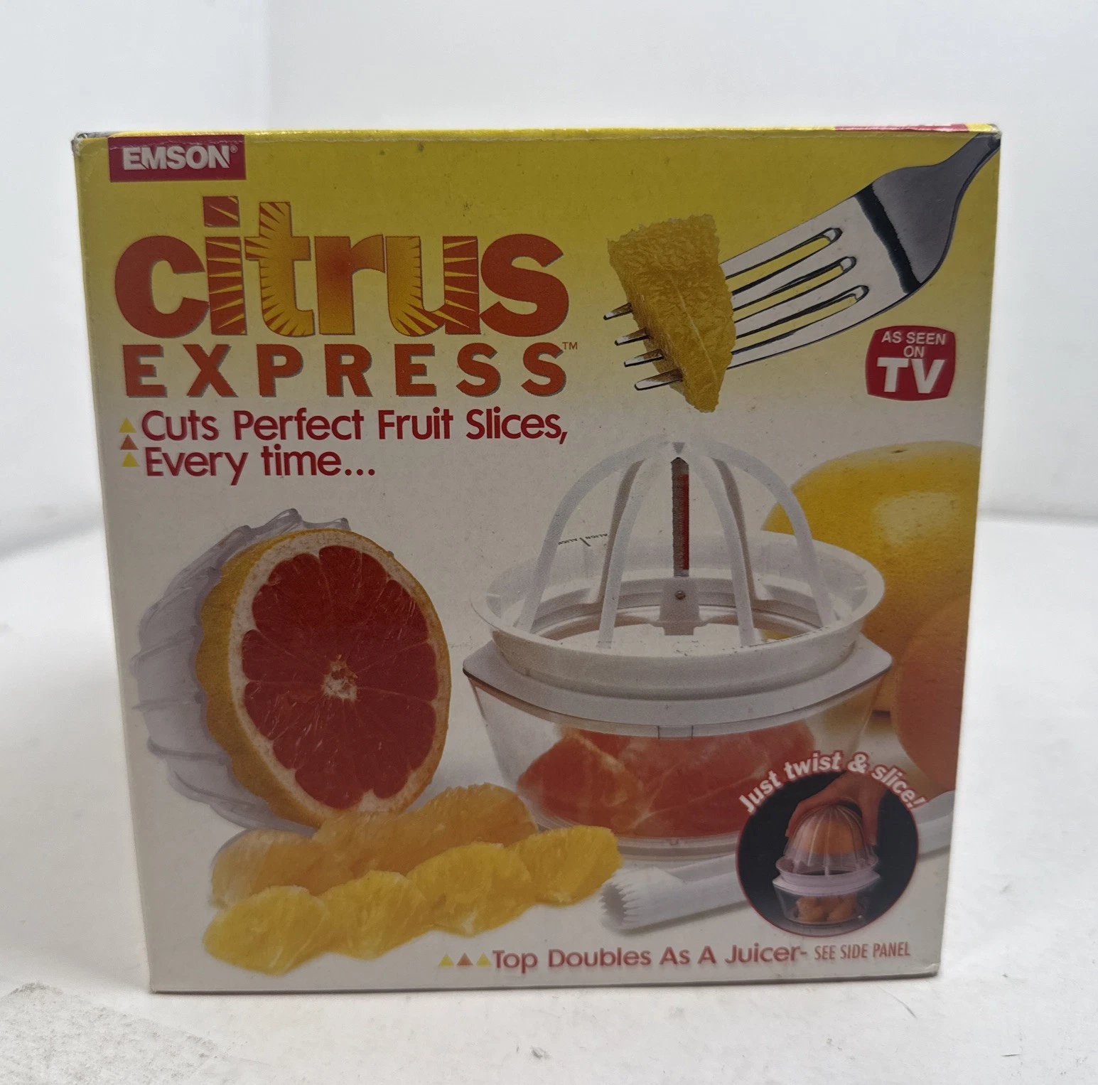 New Vintage Emson Citrus Express 2-in-1 Manual Fruit Slicer & Juicer - 1997