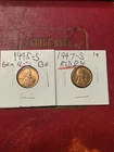 PREMIUM RED LINCOLN BUs :  1945-S  & 1947-S Lincoln  Wheat Cent Pennies   RED++