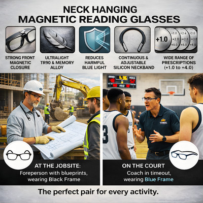 Neck Hugging Reading Glasses Magnetic Front Connect Portable Flexible Readers