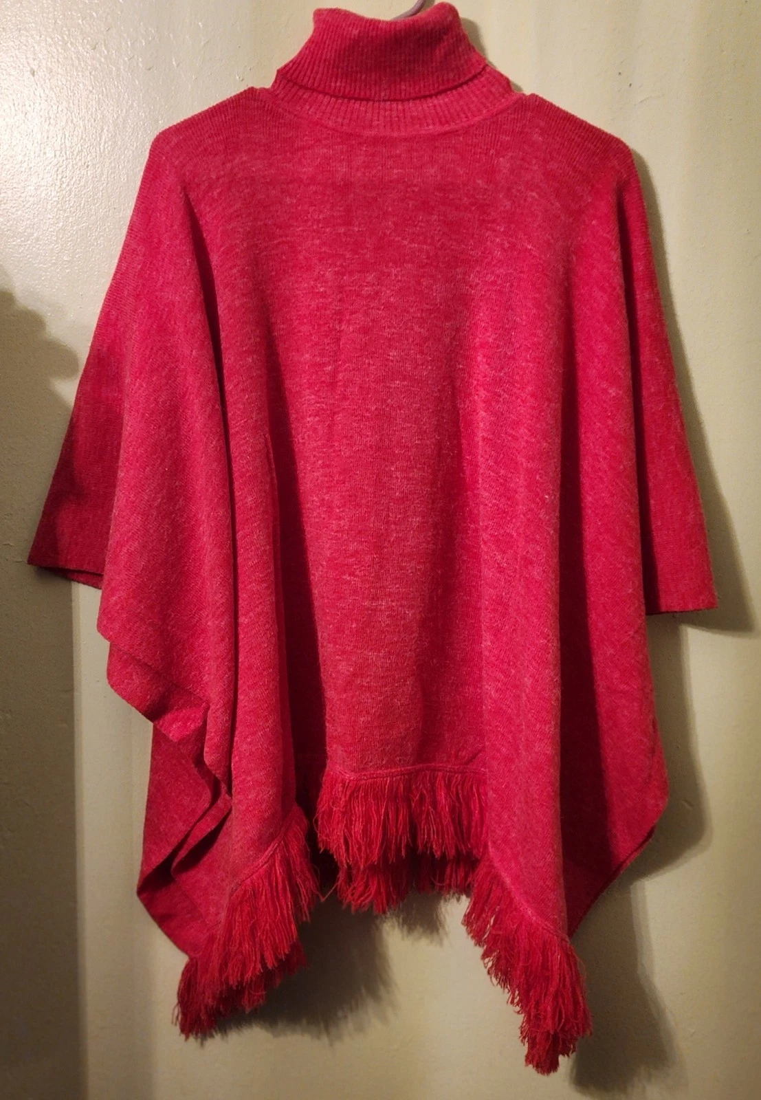 Jamer Tejidos Red Knit Fringe Poncho Roll Neck Made In Columbia Spanish Boho Art