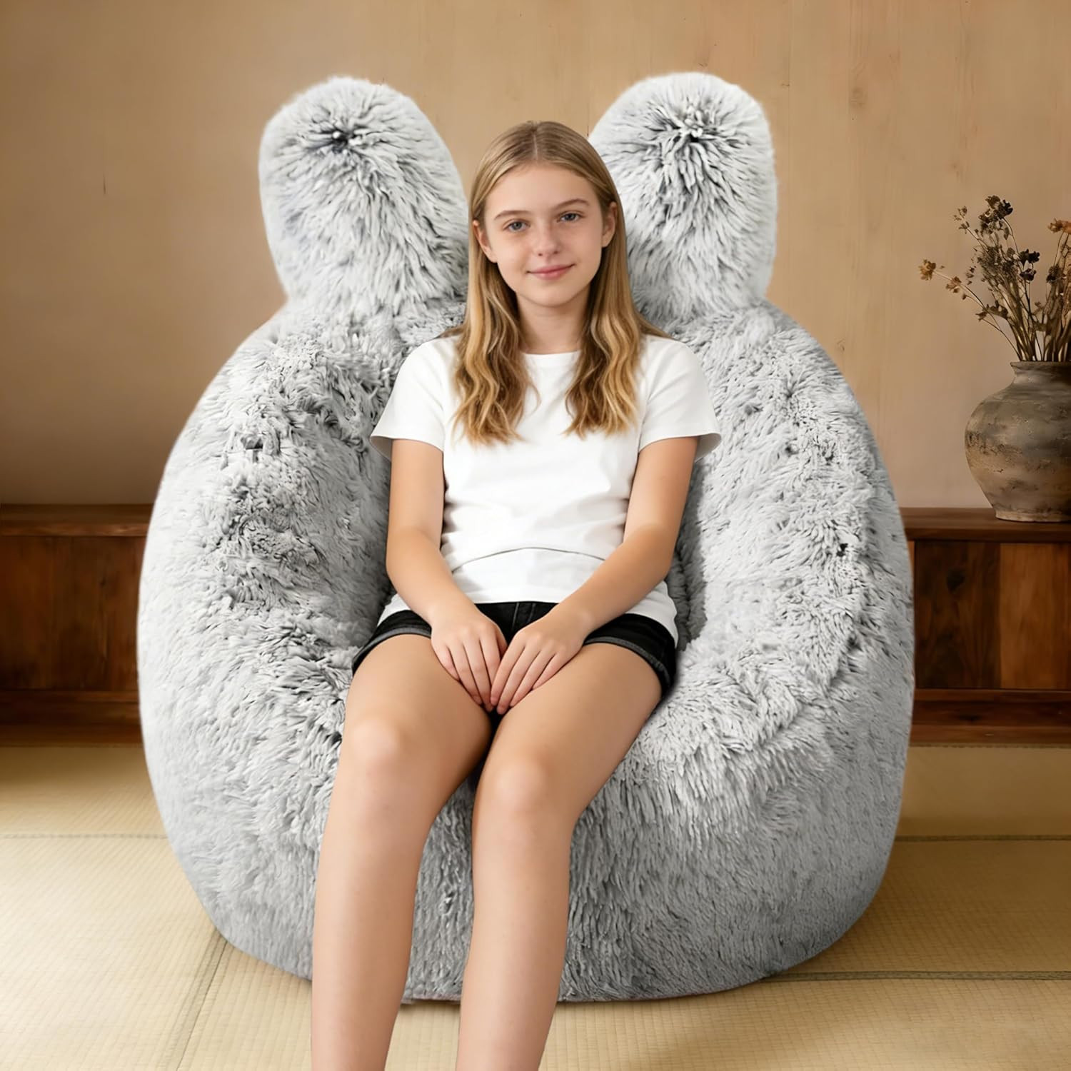 For Kids, With Plush Faux Fur Cover, 2.5ft Memory Foam Bea