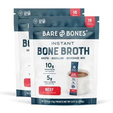 Bare Bones Beef Bone Broth Instant Powdered Mix | Rich Savory Pack of 32 