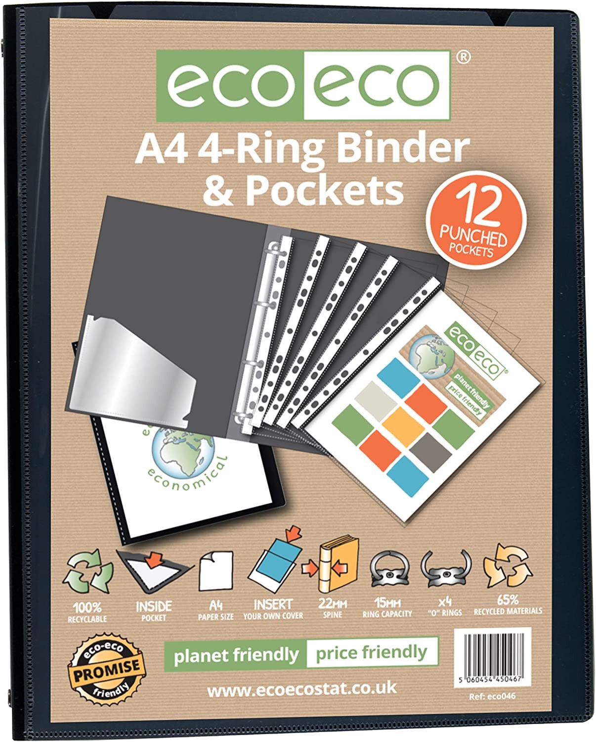 eco eco A4 Presentation Ring Binder 12 Multi Punched Pockets 65% Recycled Black