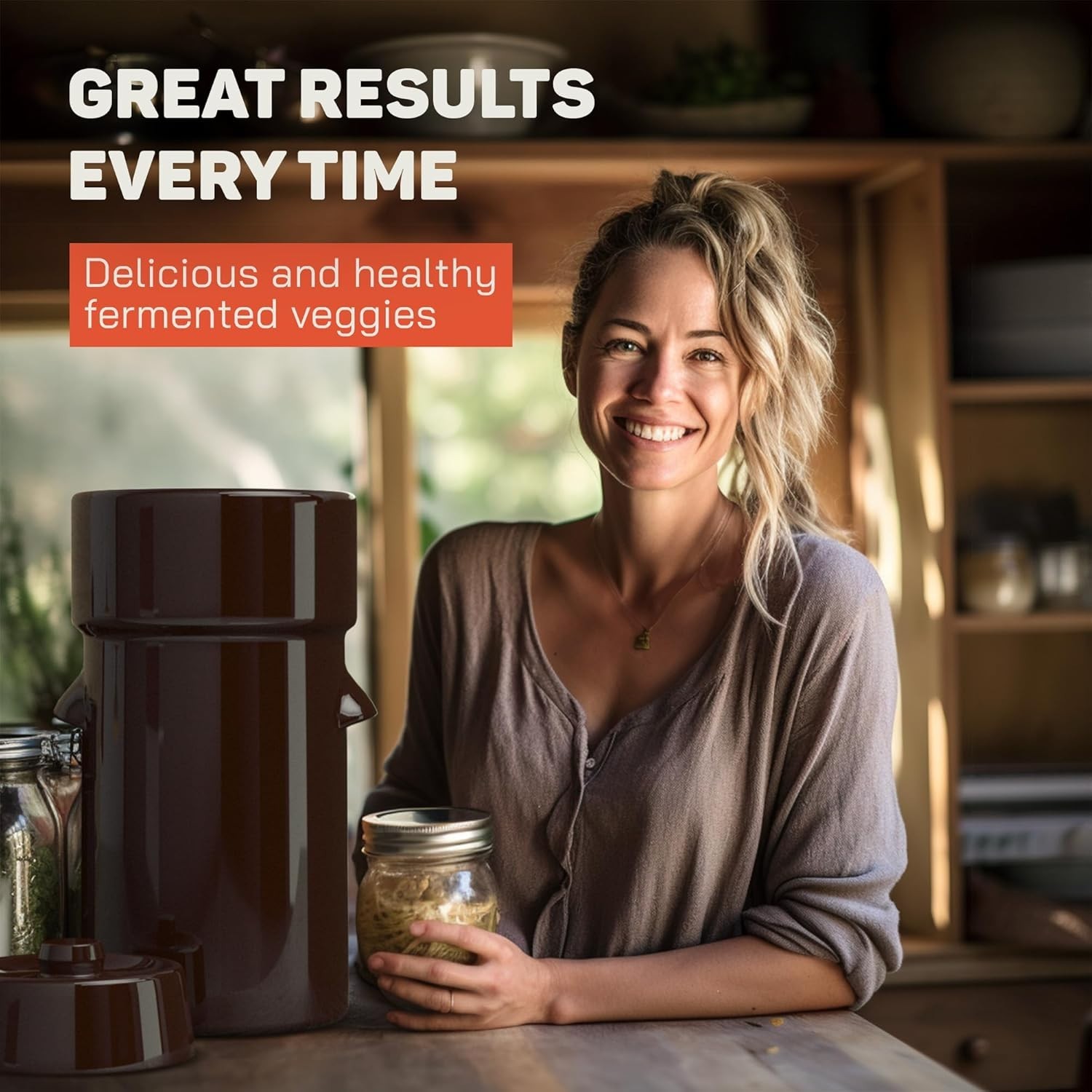 Fermentation Crock 1 Gallon - Sauerkraut Crock with Lid, Weights & Pounder - Cer