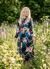 NEW Johnny Was XL 100% Silk Maxi Dress Blue Pink Black Floral BOHO $490 Retail