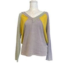 Sugarfox Knit Dolman Sleeve Yellow Gray Colorblock Texture Knit Shirt Size Small