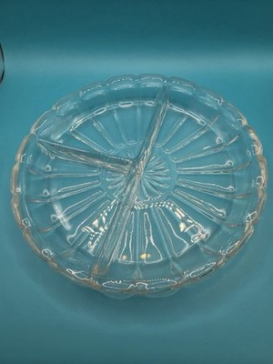 Vintage Clear Glass Art Deco 6'' Round 3 Section Divided Relish Condiment Dish