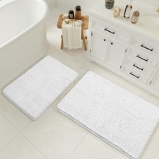 White 2 PCS Chenille Bathroom Rug Set Non Slip Washable 17x24 20x32 Inch
