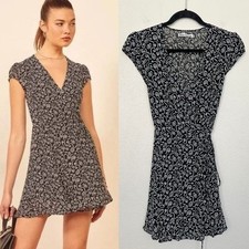 Reformation Radley Wrap Swirl Print Black White Dress V-Neck Mini Women's Small