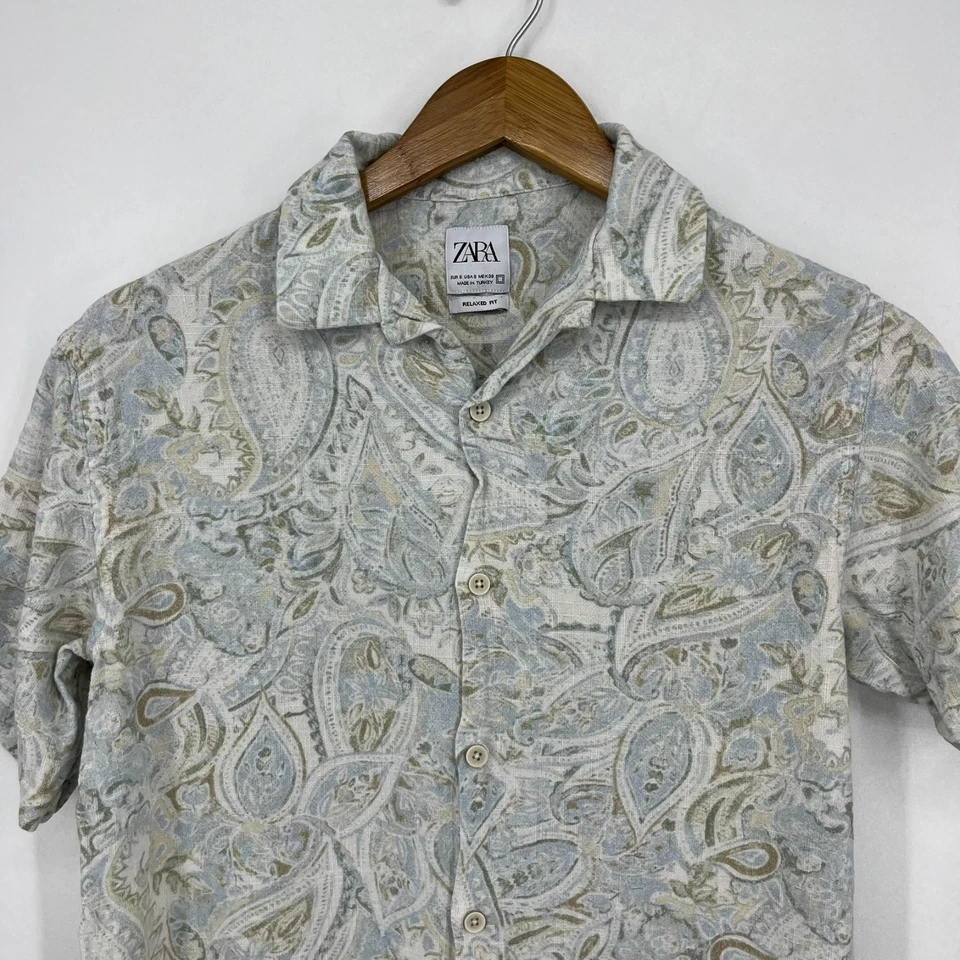 Camisa Zara Manga Corta Botones Para Hombre S Azul Estampado Paisley Calce Relajado *Encogido* Foto 2 de 4