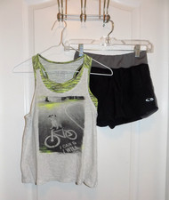 JUSTICE Gray Yellow Tank Sports Bra 10 Large C9 Black Active Shorts 2pc Set