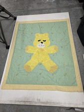 Vintage Handmade Fuzzy Teddy Bear Yellow Throw Baby Blanket Crib 47x39 70's