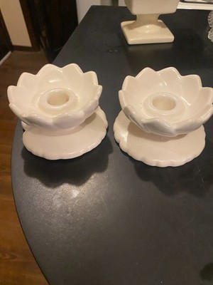 Pair Vtg Haeger Candle Candlestick Holders Lotus Flower White Creamy Ivory