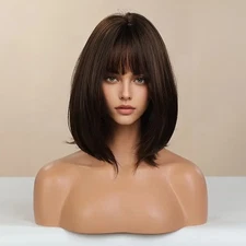 Costume Wig With Bangs Straight Heat Resistant Synthetic Hair Dark brown Soft