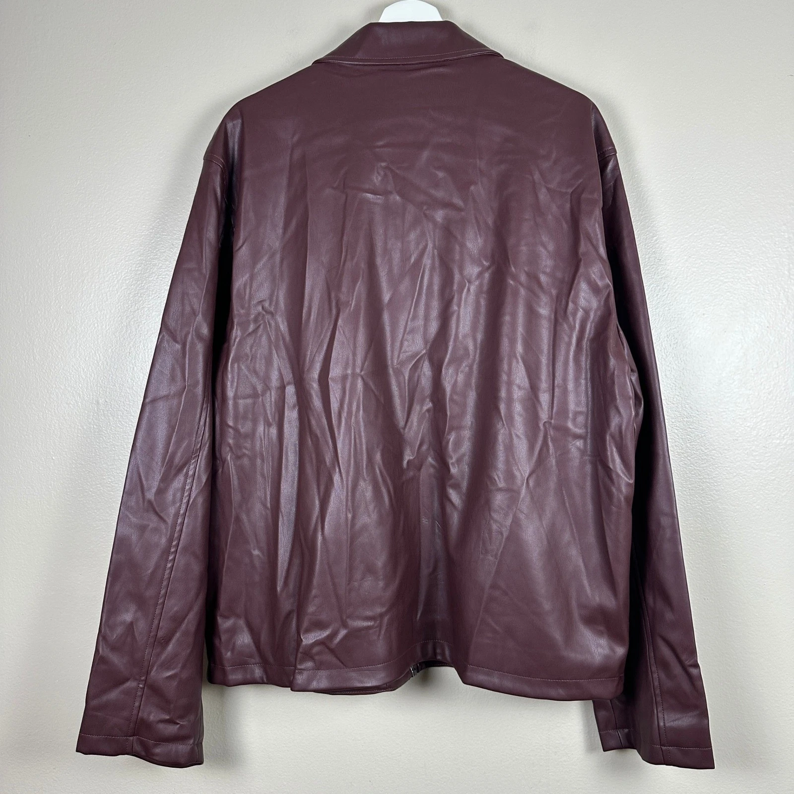J.Ferrar Men's XL Jacket Burgundy Faux Leather Full Zip Moto Multi-Pocket NEW image 2