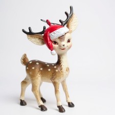 Vintage-Inspired Brown Deer Ornament With Santa Hat - Christmas Tree Decor - Han