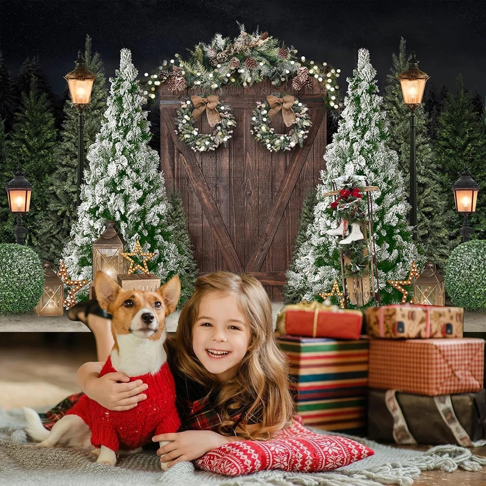 Telón de fondo de fotografía de Navidad de 7x5 pies fondo de puerta de madera rústica de invierno con... Foto 3 de 4